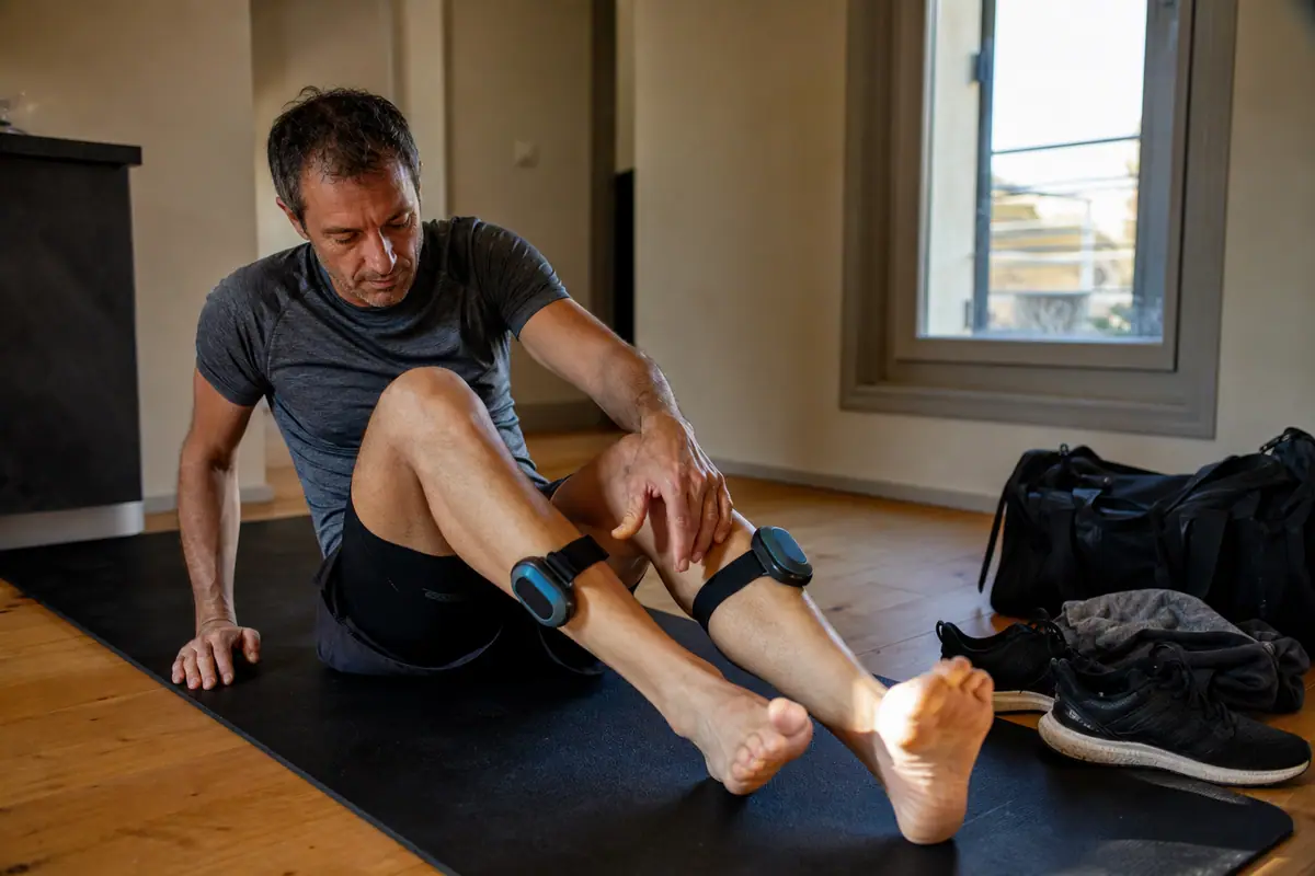 Un coureur utilise un électrostimulateur sans fil sur les mollets pour sa récupération après une séance de course