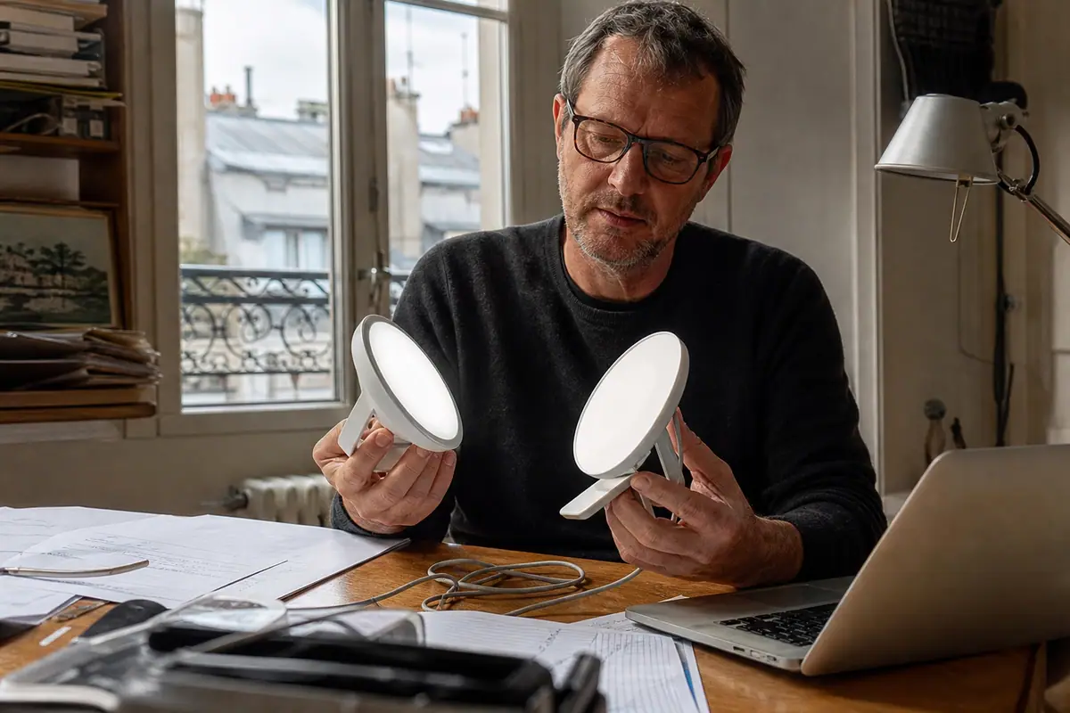 Un homme compare deux petites lampes de luminothérapie posées côte à côte sur son bureau à la maison