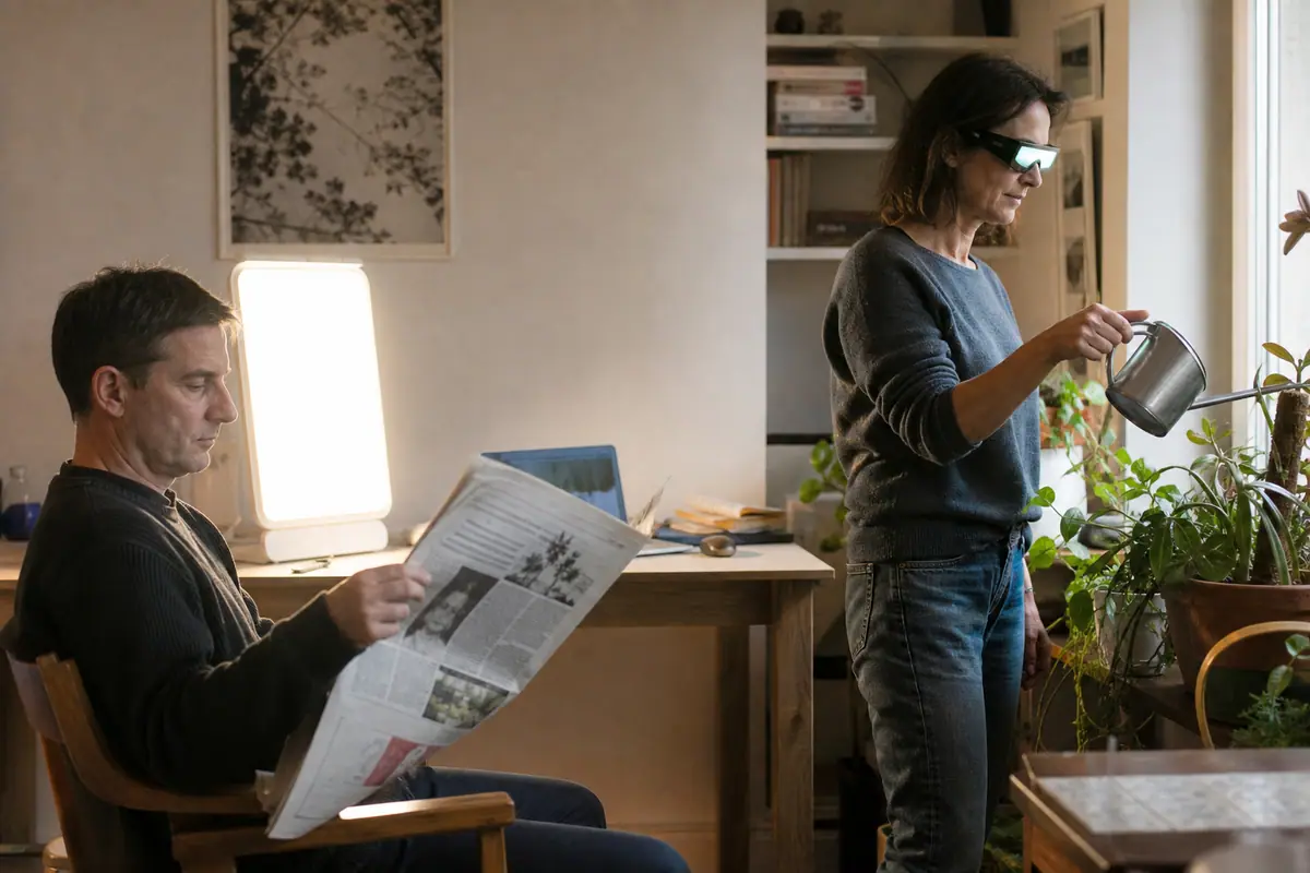 Dans un bureau partagé, une personne lit devant une lampe de luminothérapie pendant qu'une autre porte des lunettes de luminothérapie en arrosant des plantes