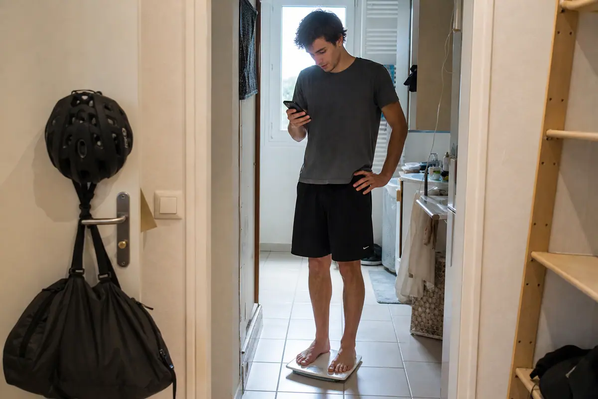 Un jeune homme regarde son téléphone d'un air perplexe après s'être pesé le matin