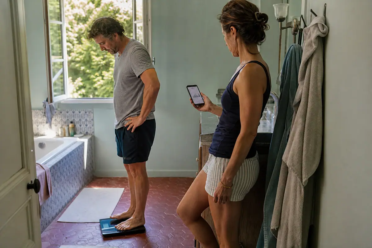 Un couple attend à tour de rôle pour se peser sur une balance connectée dans sa salle de bain