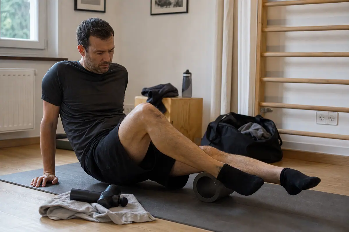 Un homme alterne foam roller et pistolet de massage pour détendre son mollet après l'entraînement