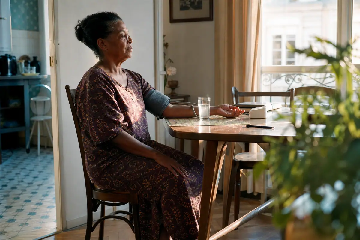 Une femme d'une soixantaine d'années prend sa tension au calme le matin, assise, le bras posé sur la table