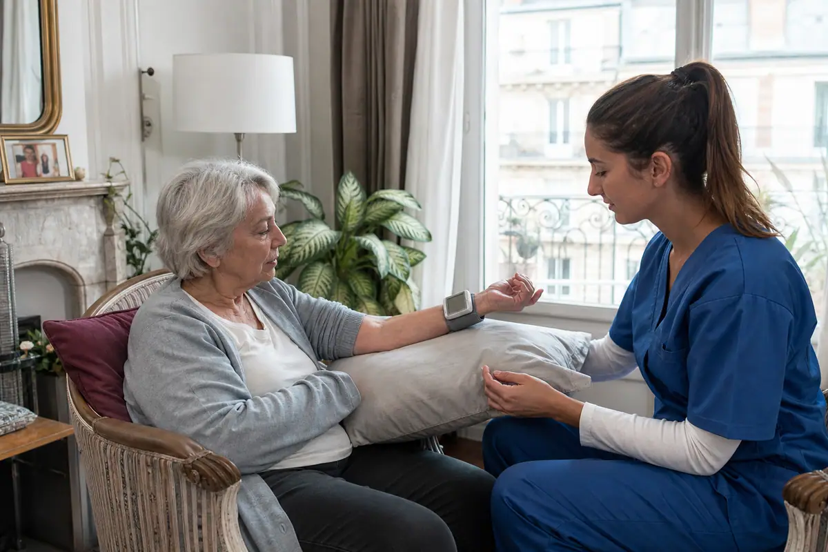 Une infirmière à domicile aide une femme âgée à placer son poignet à hauteur du cœur pour prendre sa tension