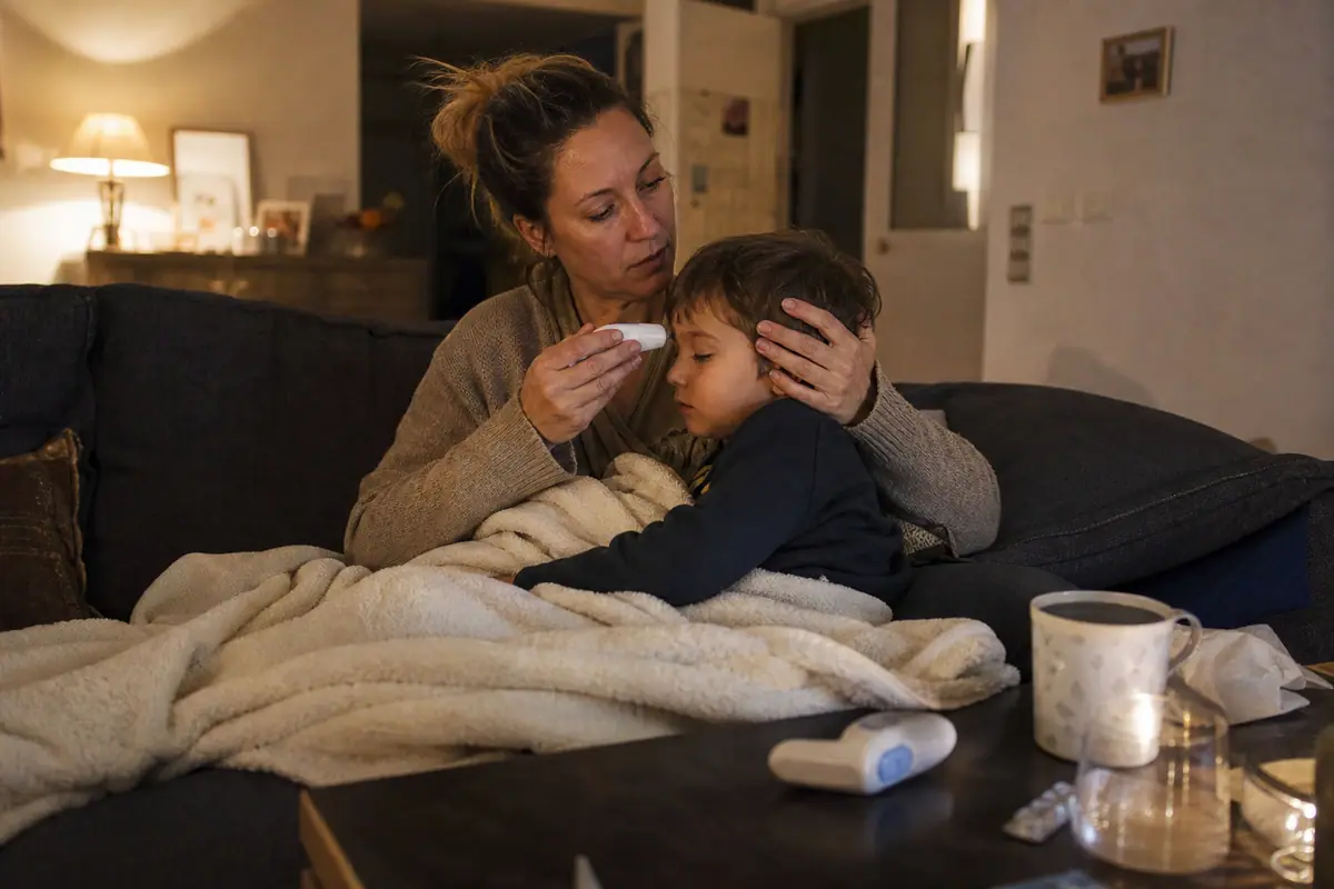 Une mère réconforte son fils fiévreux sur ses genoux en mesurant sa température avec un thermomètre sans contact, un second thermomètre posé sur la table basse