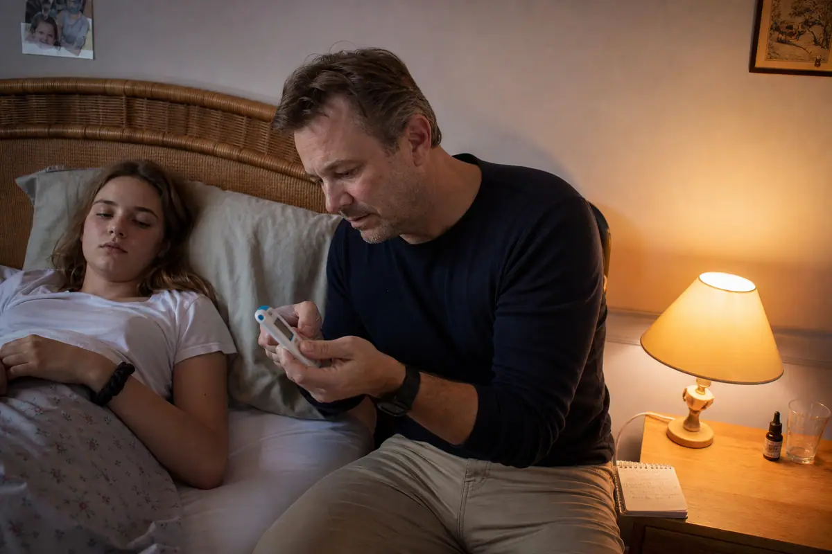 Un père reprend la température de sa fille à deux reprises et compare le résultat avec ses notes précédentes