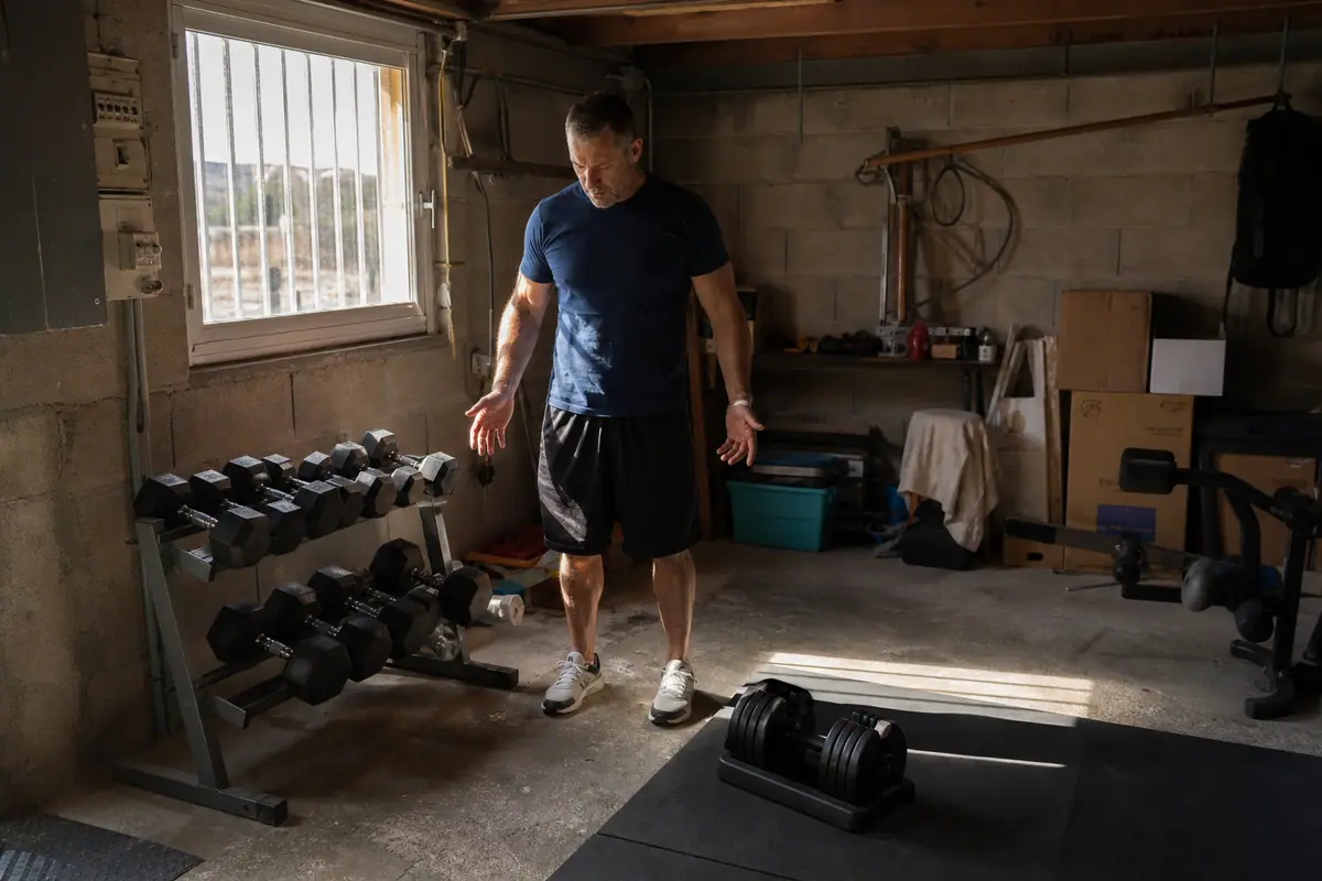 Un homme compare un rack d'haltères fixes et un haltère réglable dans son garage aménagé en salle de sport