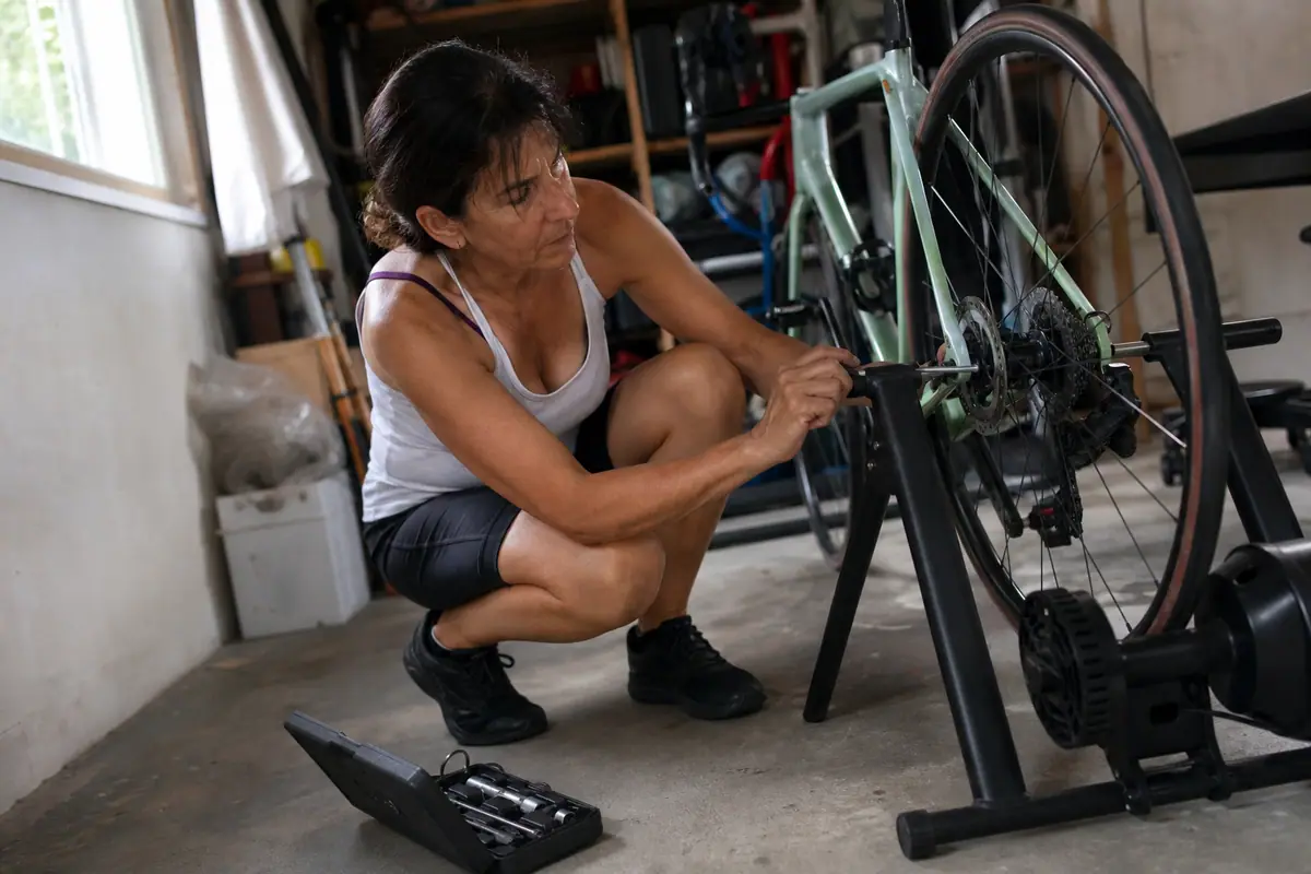 Une femme vérifie le serrage de l'axe de son vélo fixé sur son home trainer, une boîte à outils ouverte à ses côtés