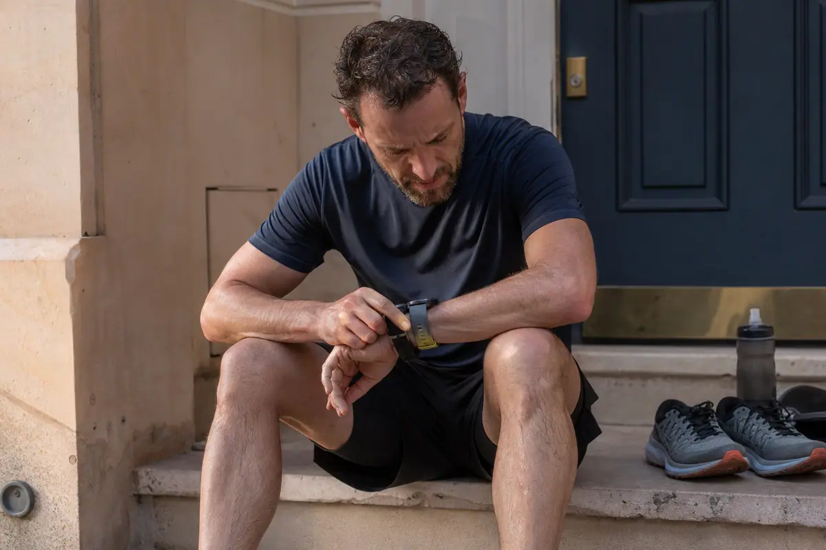 Un coureur assis sur les marches de son immeuble compare deux montres GPS à son poignet après une sortie