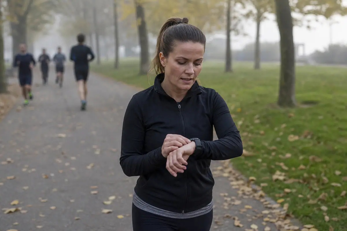 Une femme vérifie sa montre GPS au poignet en courant dans un parc au petit matin
