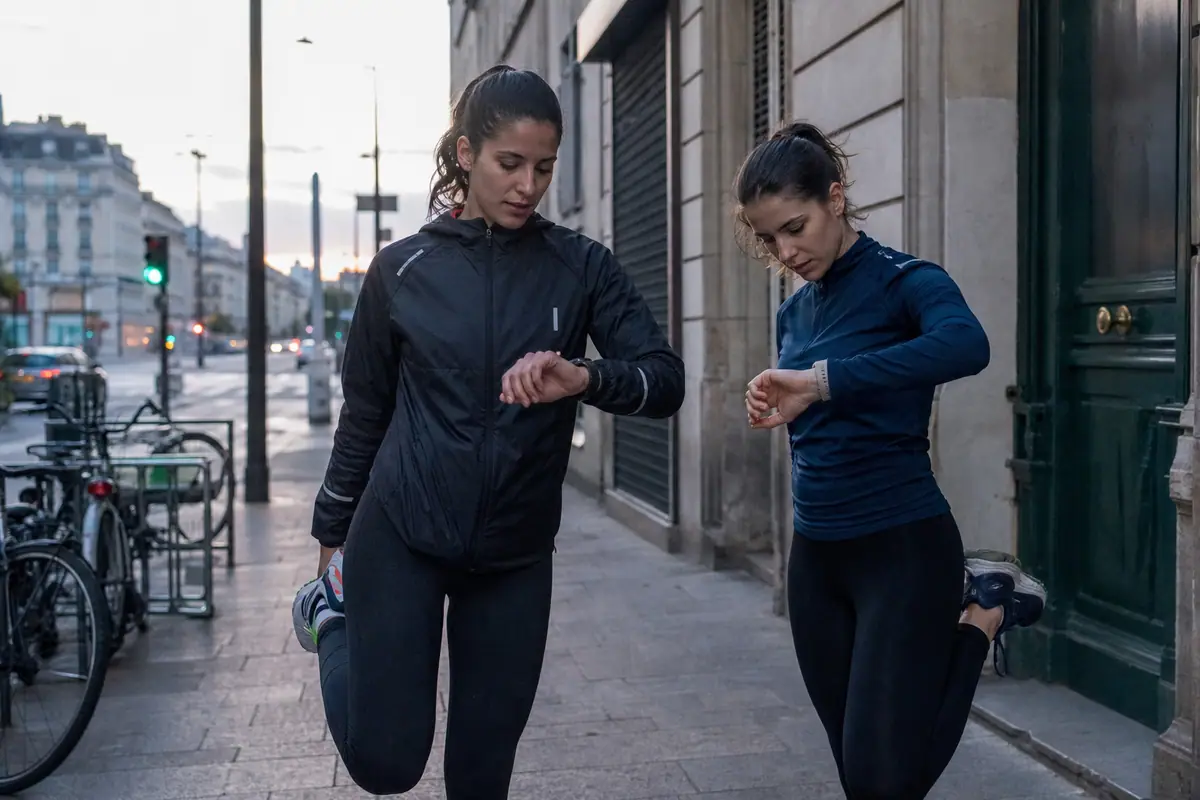Deux amies comparent leurs montres avant de partir courir dans la rue au lever du jour