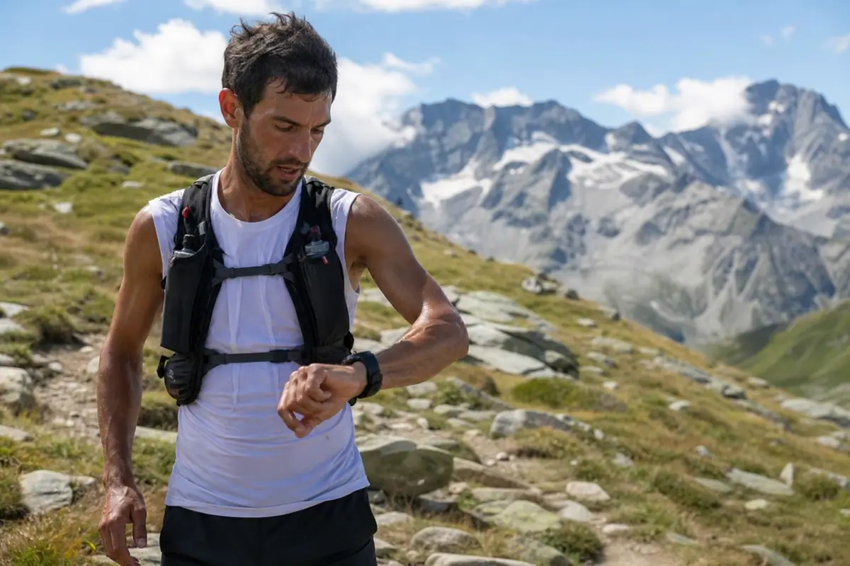 Un traileur consulte sa montre GPS au poignet en pleine ascension sur un sentier de montagne