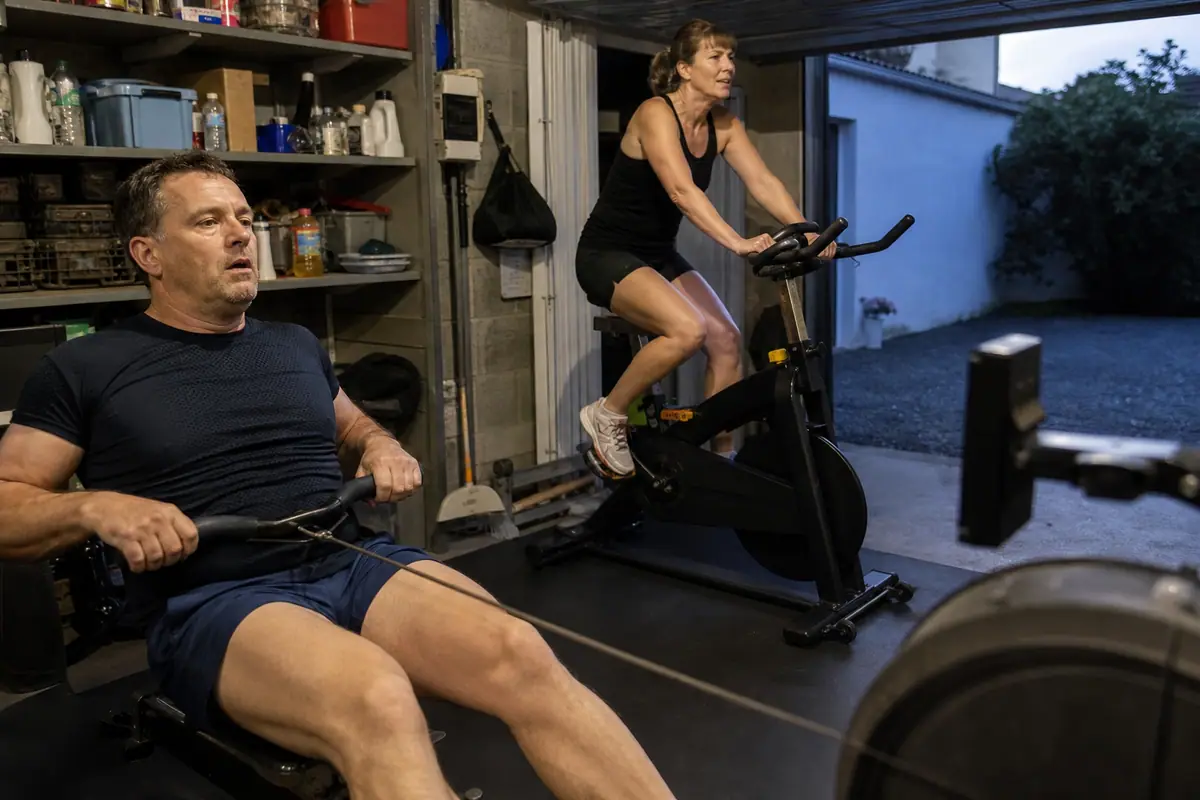 Un couple s'entraîne côte à côte, l'un sur un rameur et l'autre sur un vélo d'appartement