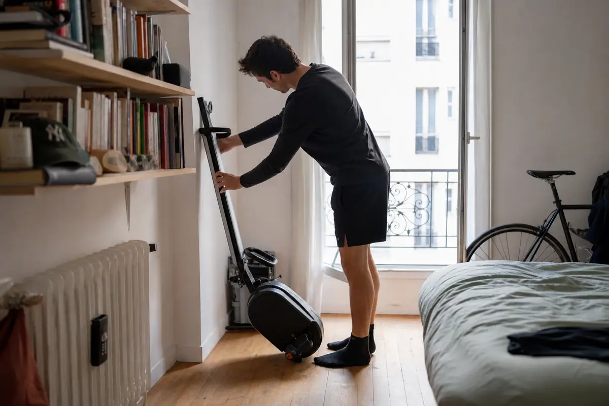Un jeune homme déplie un rameur pliable rangé contre le mur de son studio