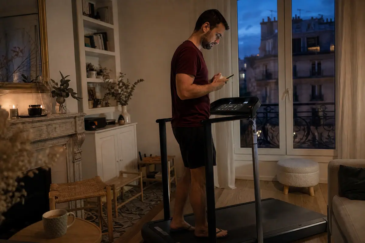 Un homme consulte sa facture d'électricité sur son téléphone à côté de son tapis de course