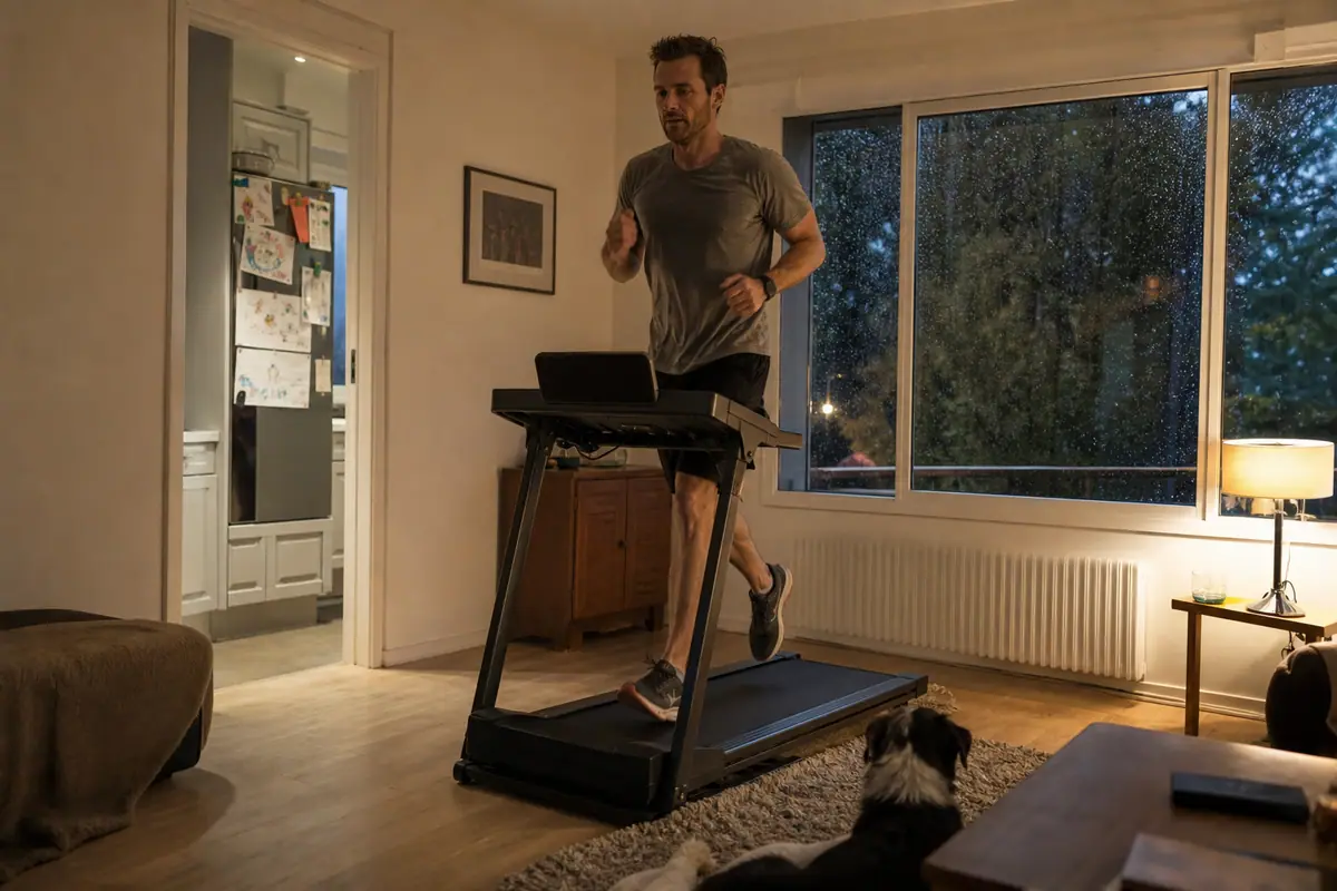 Un homme court sur un tapis de course installé dans son salon un soir de pluie, son chien allongé à côté