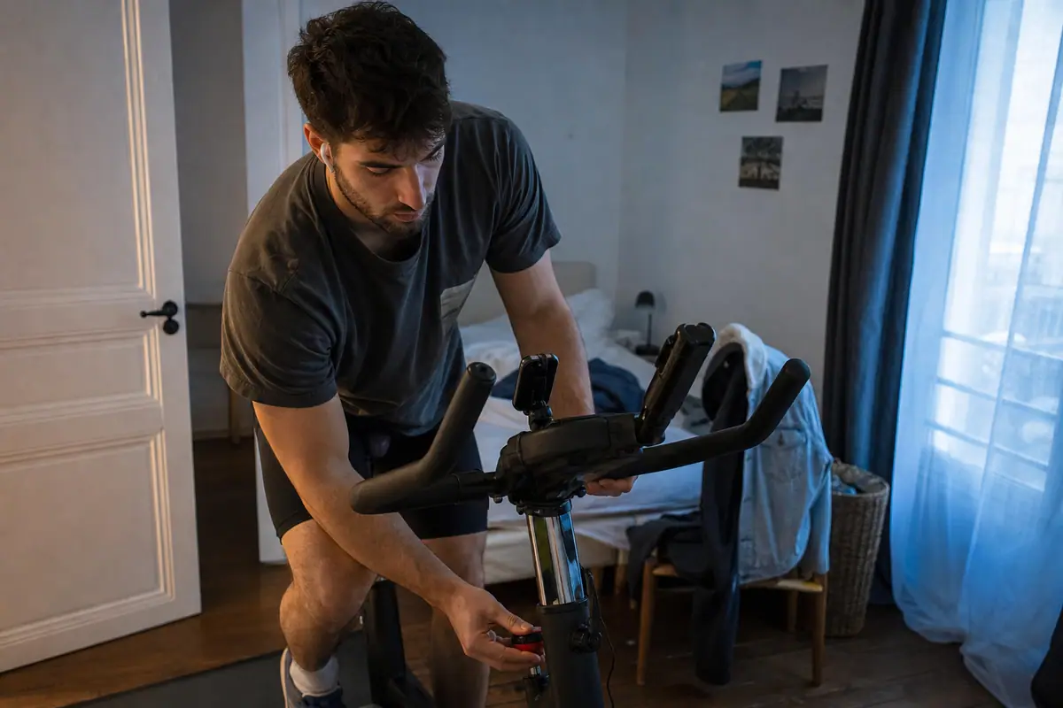 Un jeune homme règle la molette de résistance de son vélo de biking dans sa chambre au lever du jour