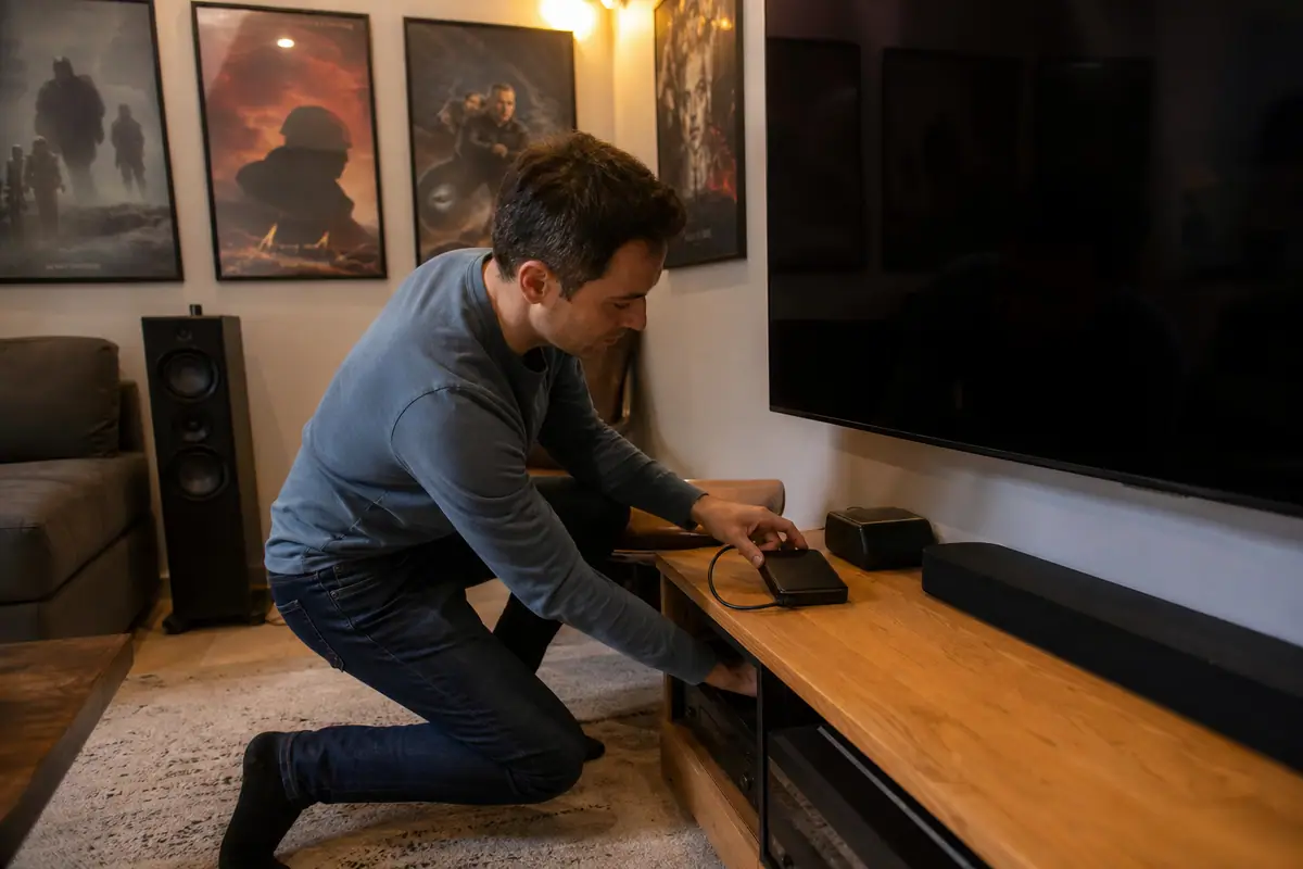 Un passionné de home cinéma branche un disque dur externe sur une box de streaming Android TV