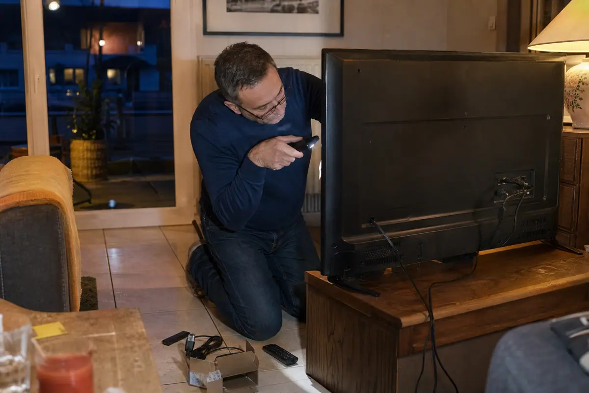 Un homme vérifie les prises HDMI derrière une vieille télévision avant d'y brancher une clé de streaming