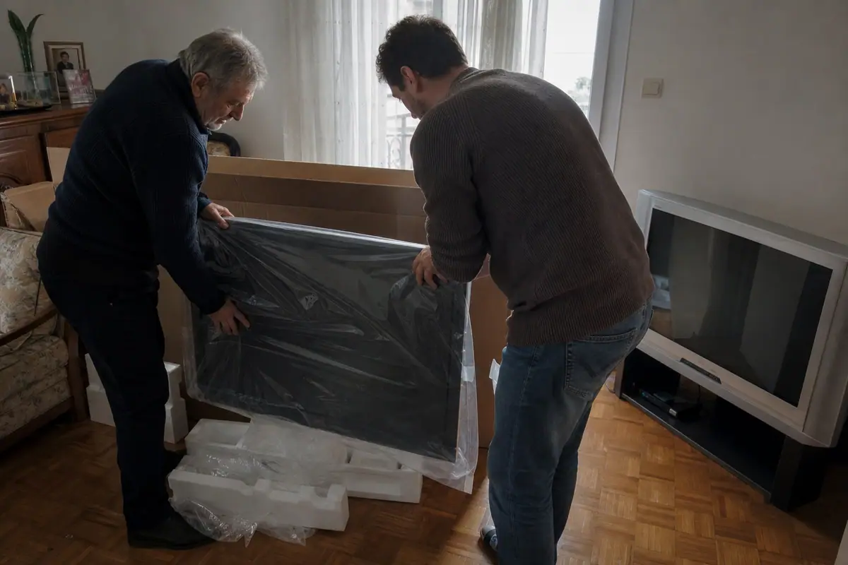 Un père et son fils déballent un grand téléviseur OLED dans leur salon