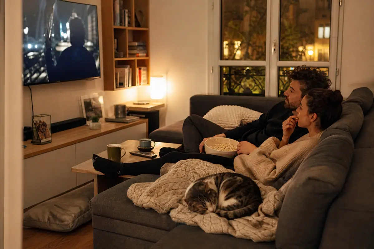 Un couple regarde un film sur un grand téléviseur fixé au mur de son petit salon parisien