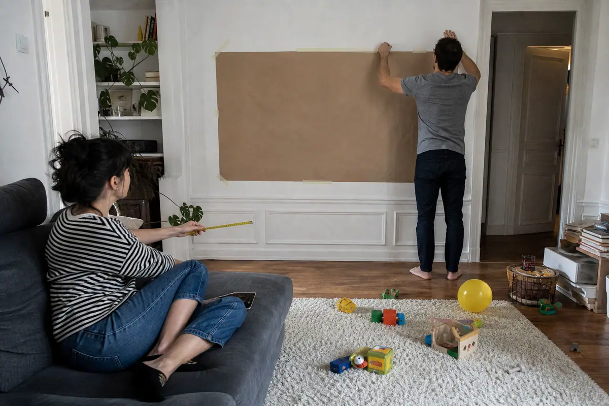 Un homme colle un rectangle de papier kraft au mur pour visualiser la taille d'un futur téléviseur