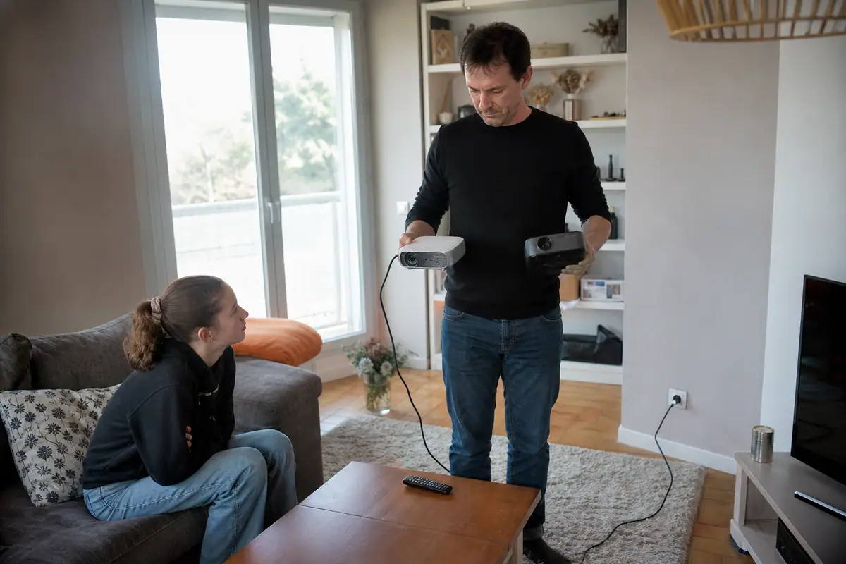 Un père compare deux vidéoprojecteurs portables, l'un branché sur secteur et l'autre autonome, sous le regard de sa fille