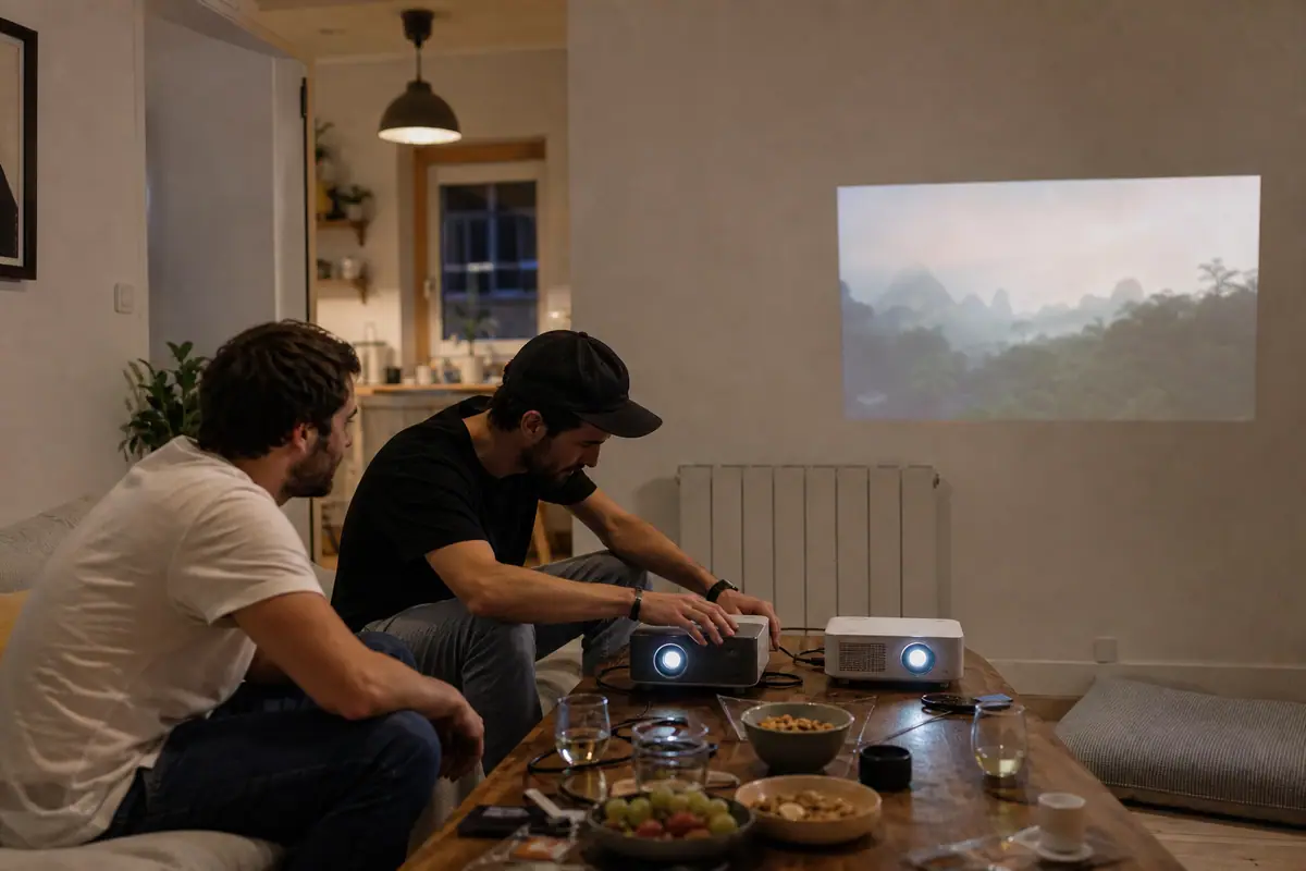 Deux amis comparent côte à côte deux vidéoprojecteurs portables posés sur une table basse dans un salon