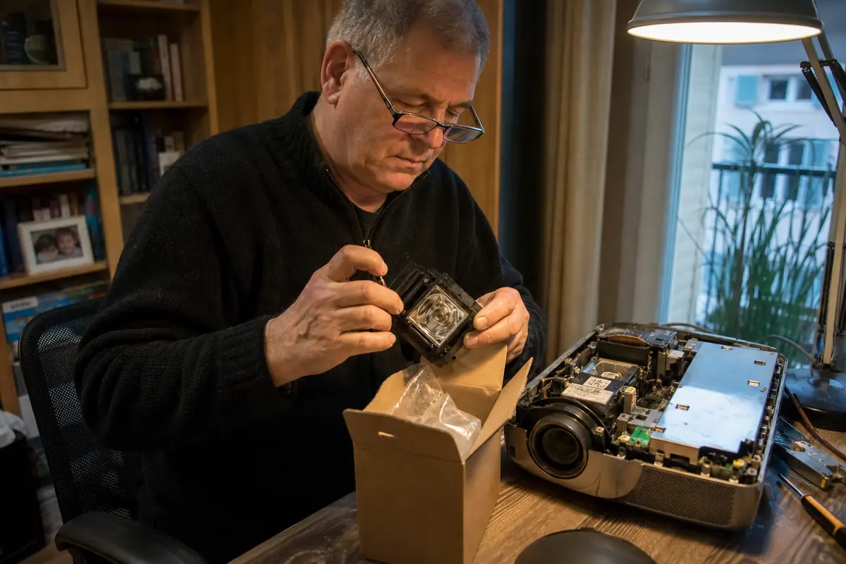 Un homme déballe une lampe de remplacement pour son vidéoprojecteur posé ouvert sur son bureau