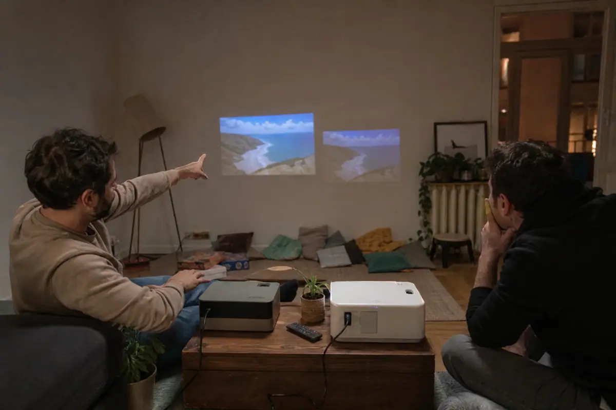 Deux frères comparent deux vidéoprojecteurs compacts posés côte à côte sur une table basse